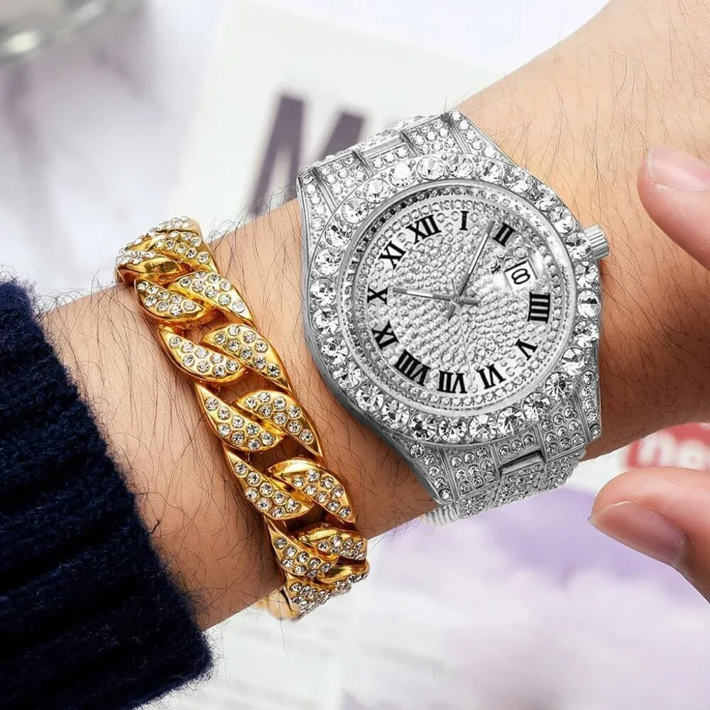 Men's Diamond Silver Big Rocks Roman Numerals Fully Iced Out Colorful Dial Watch